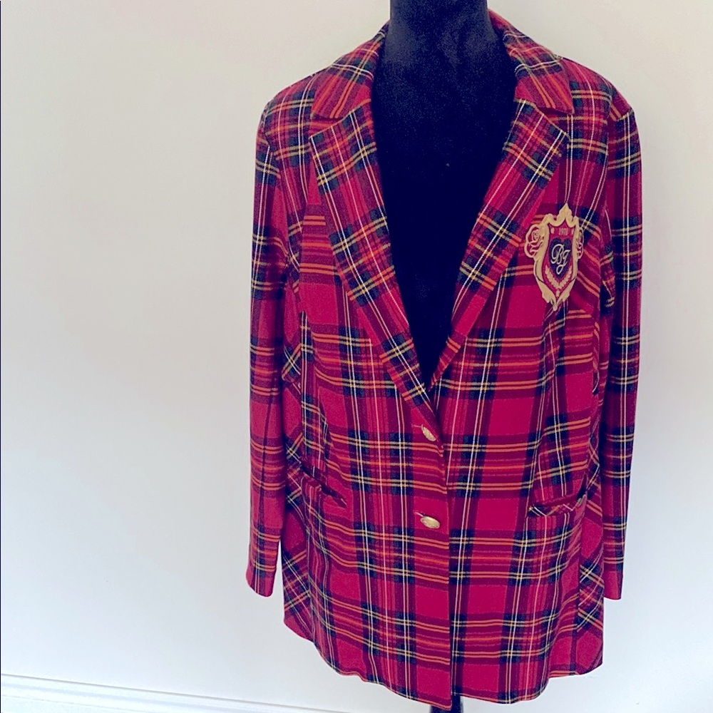 Betsey Johnson Red Plaid Blazer with Crest